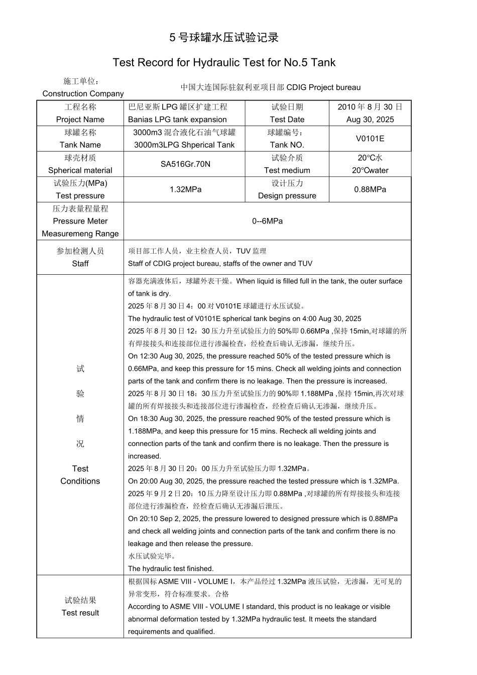 9#球罐水压试验记录_第1页