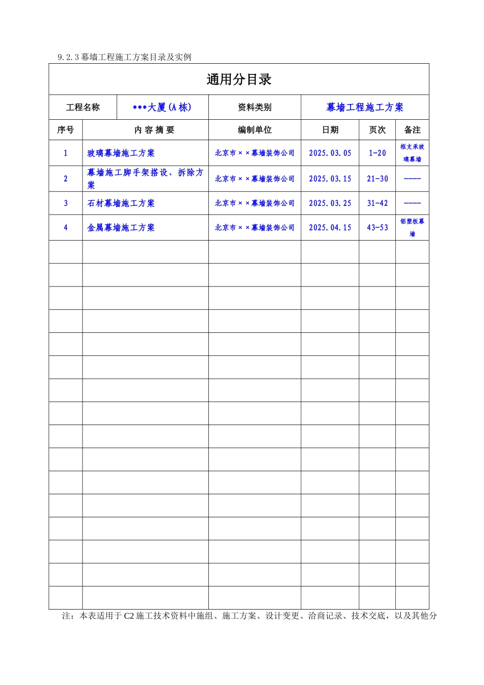 9.2.3幕墙工程施工方案目录及实例_第1页