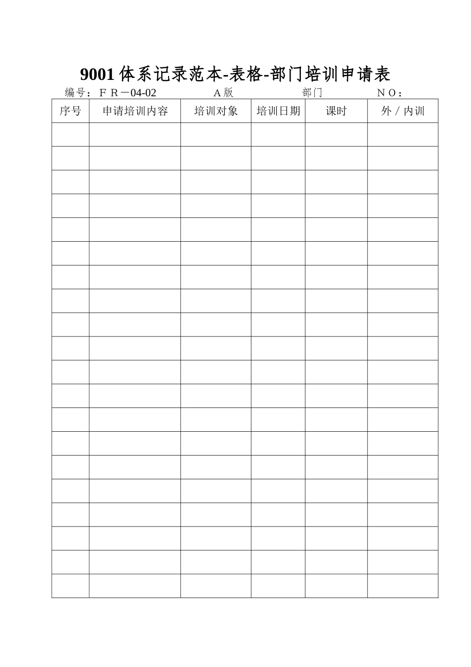 9001体系记录范本-表格-部门培训申请表_第1页