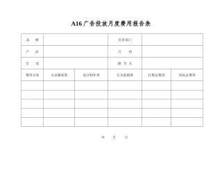 A16广告投放月度费用报告表