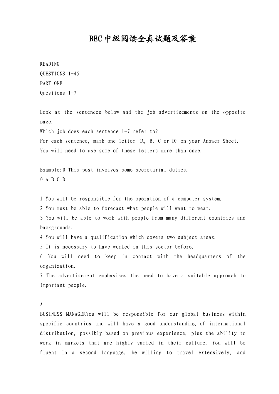BEC中级阅读全真试题及答案_第1页
