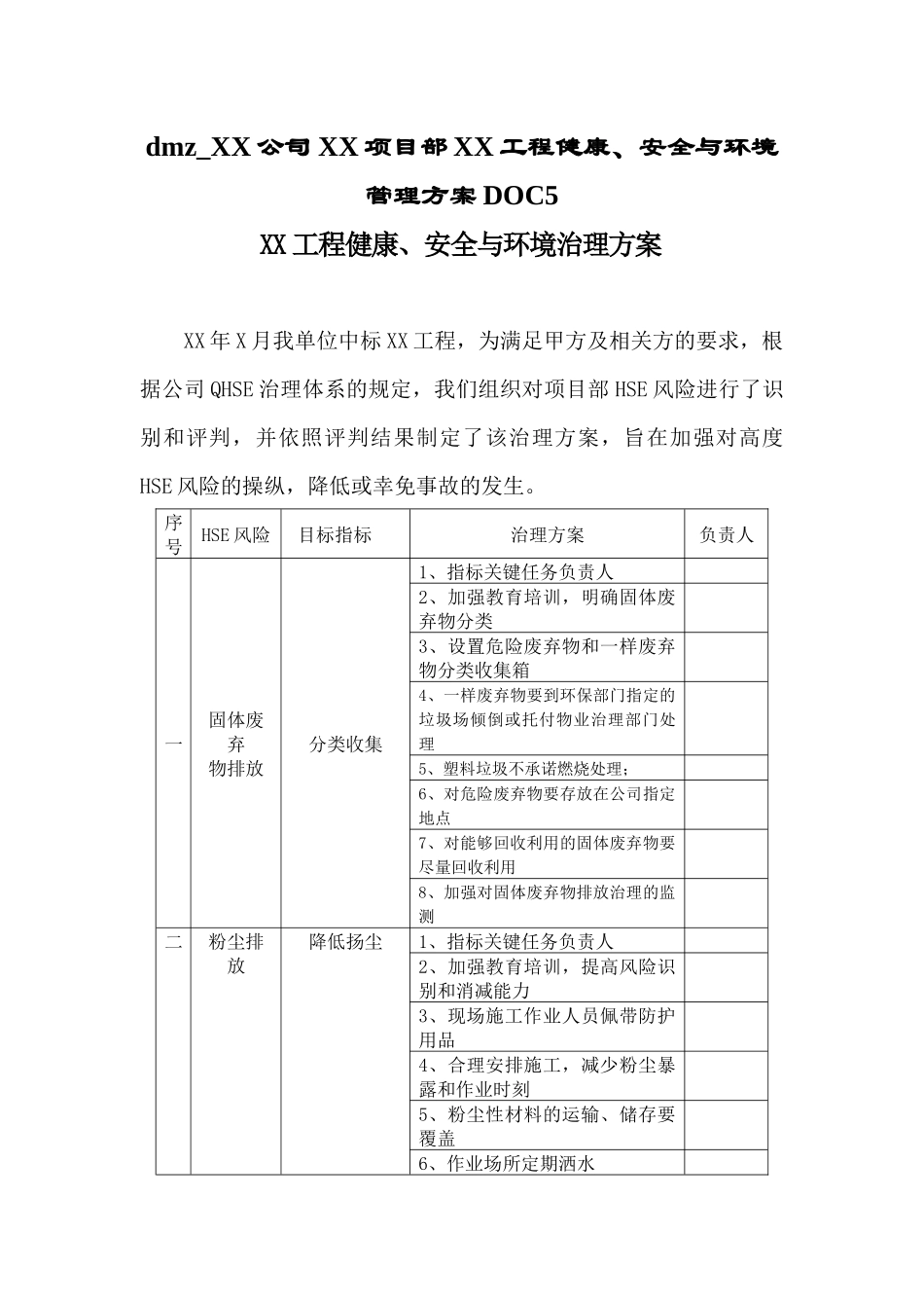 dmz-XX公司XX项目部XX工程健康、安全与环境管理方案DOC5_第1页