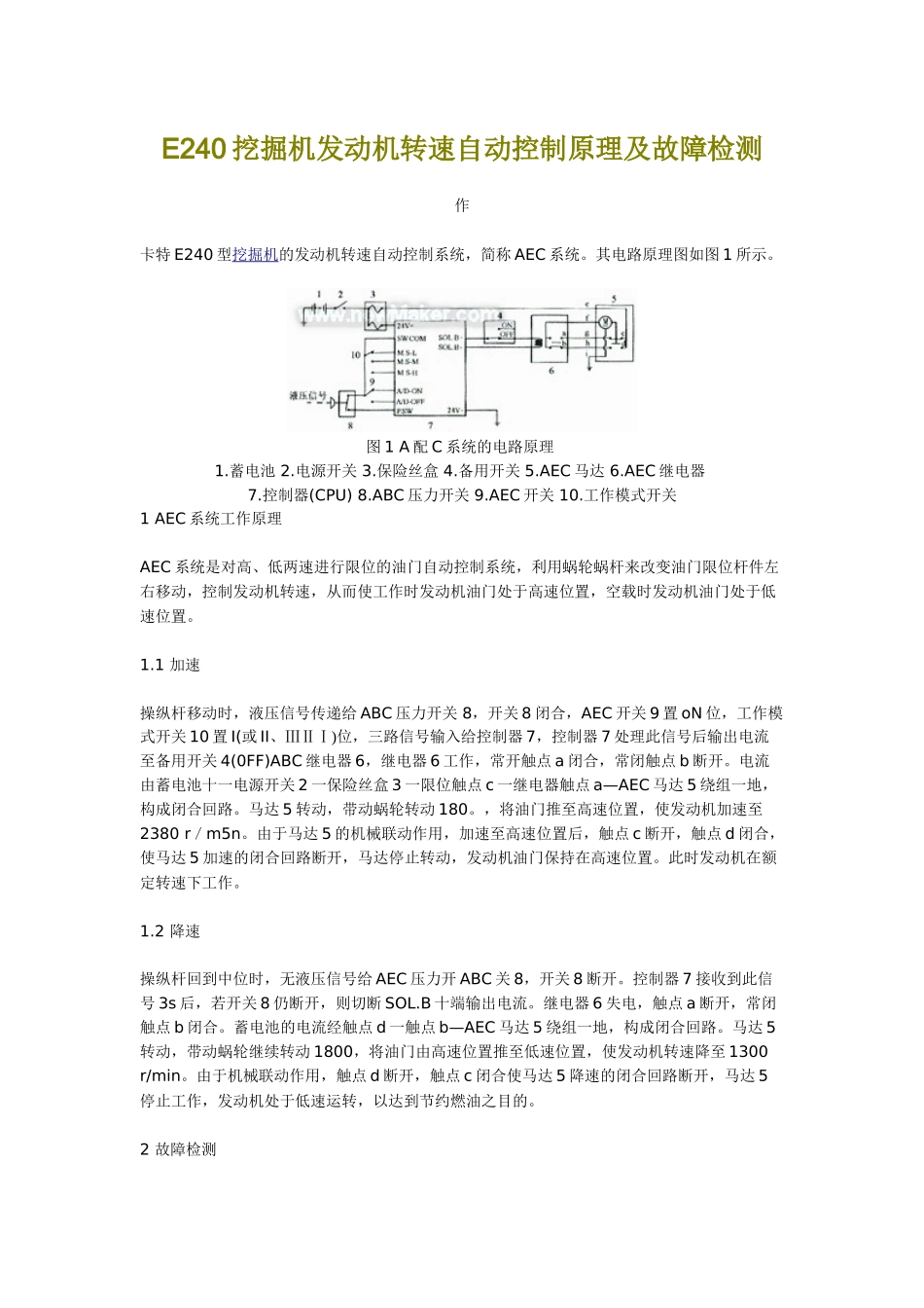 e240挖掘机发动机转速自动控制原理及故障检测_第1页