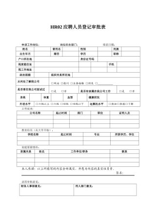 HR02应聘人员登记审批表
