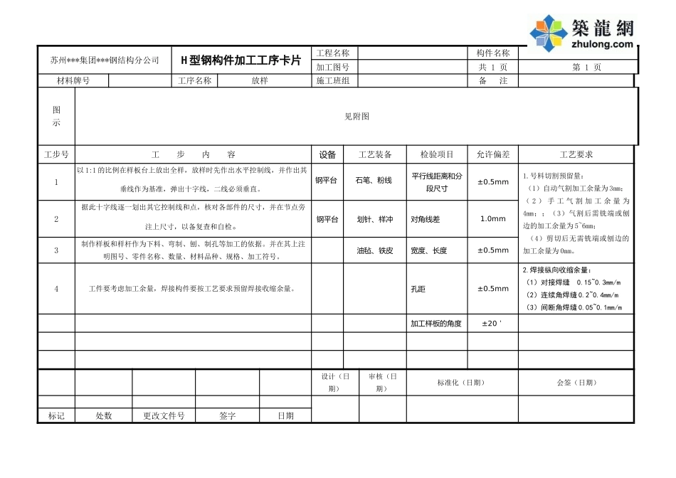 H型钢构件加工工序卡01-放样_第1页