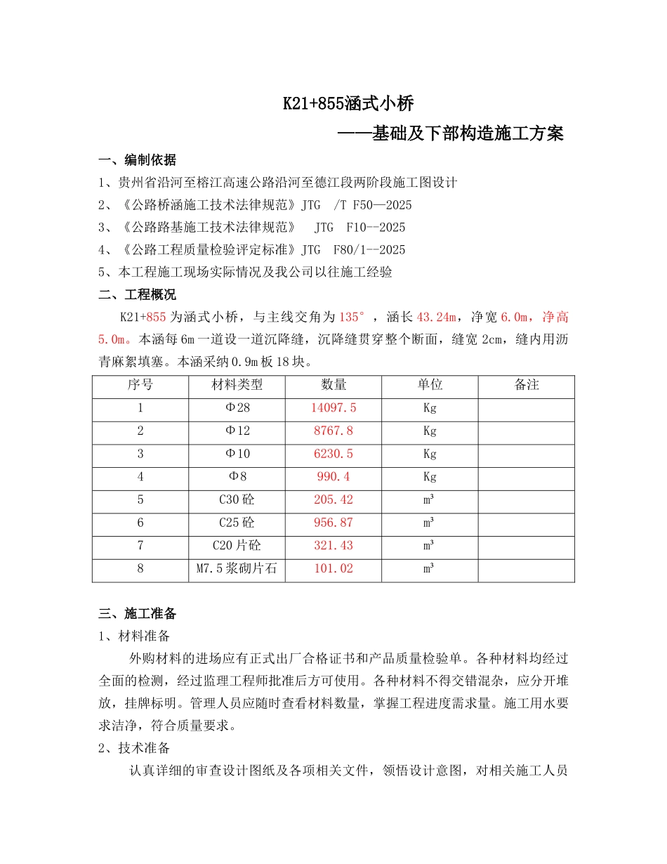 K21+855涵式小桥基础及下部构造施工方案_第1页