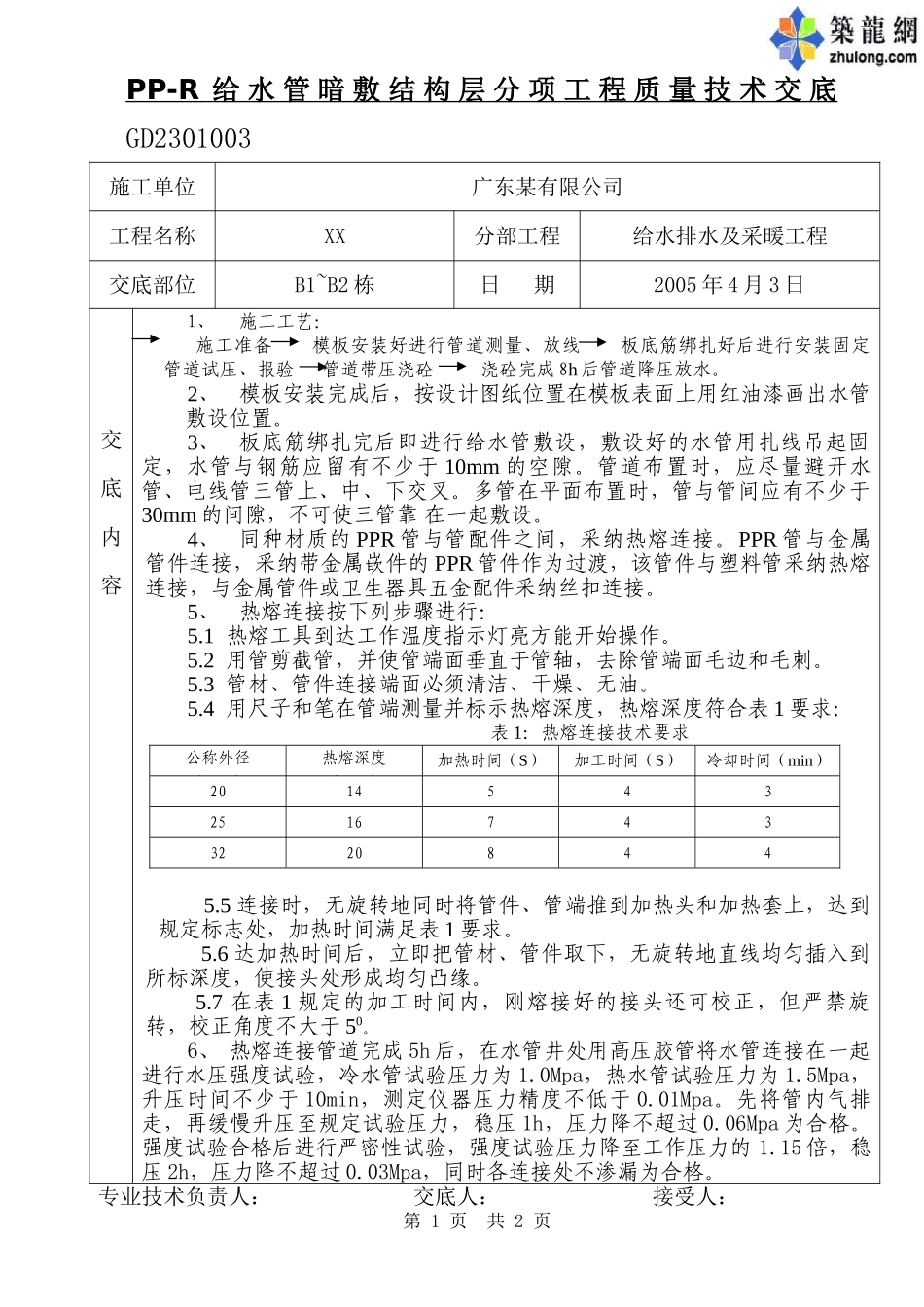 pp-r给水管暗敷结构层分项工程质量技术交底p_第1页