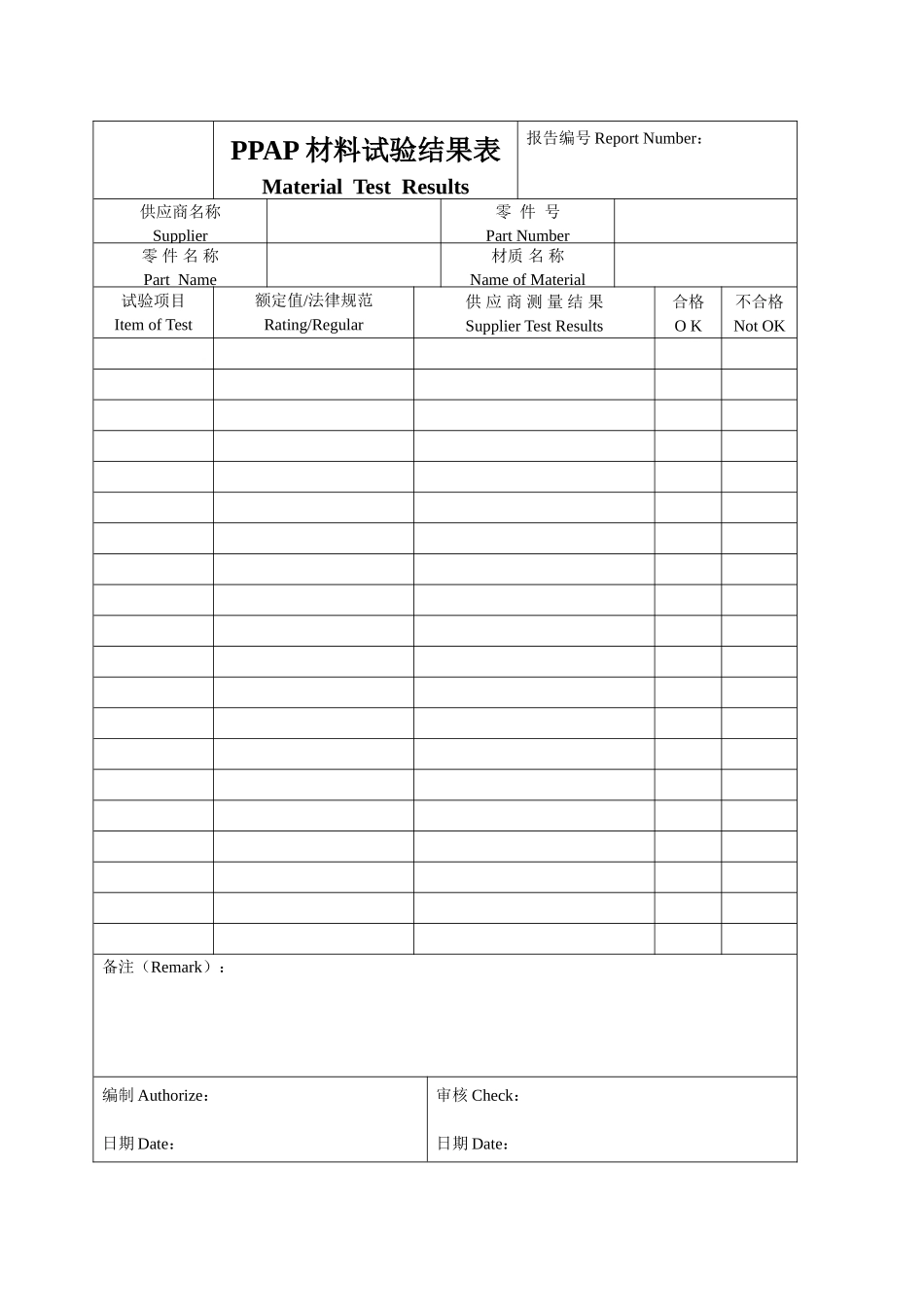PPAP材料试验结果表_第1页