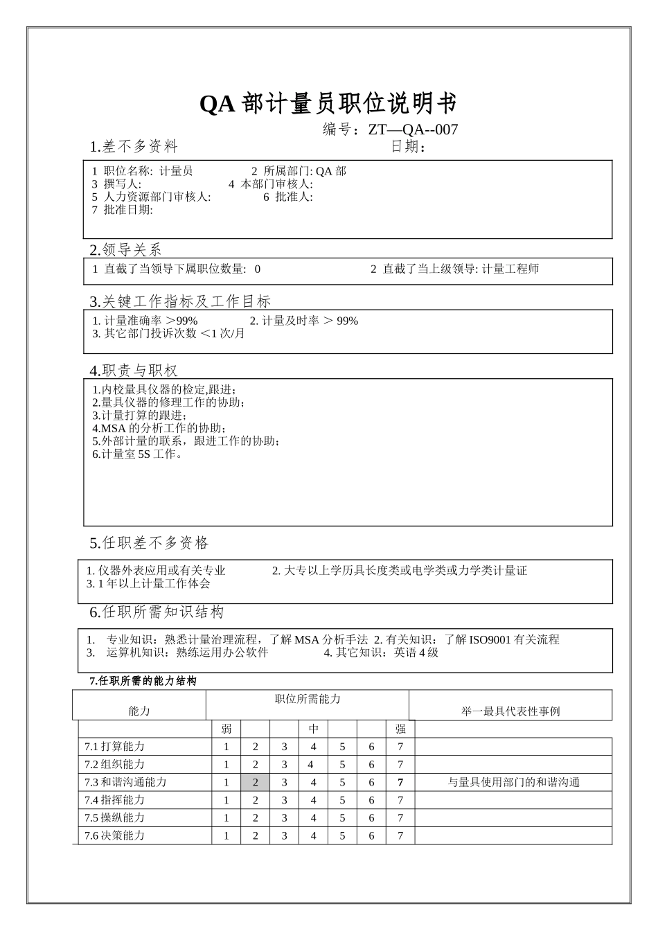QA部计量员职位说明书_第1页