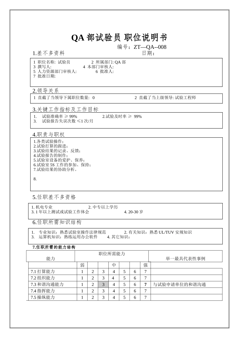 QA部试验员-职位说明书_第1页