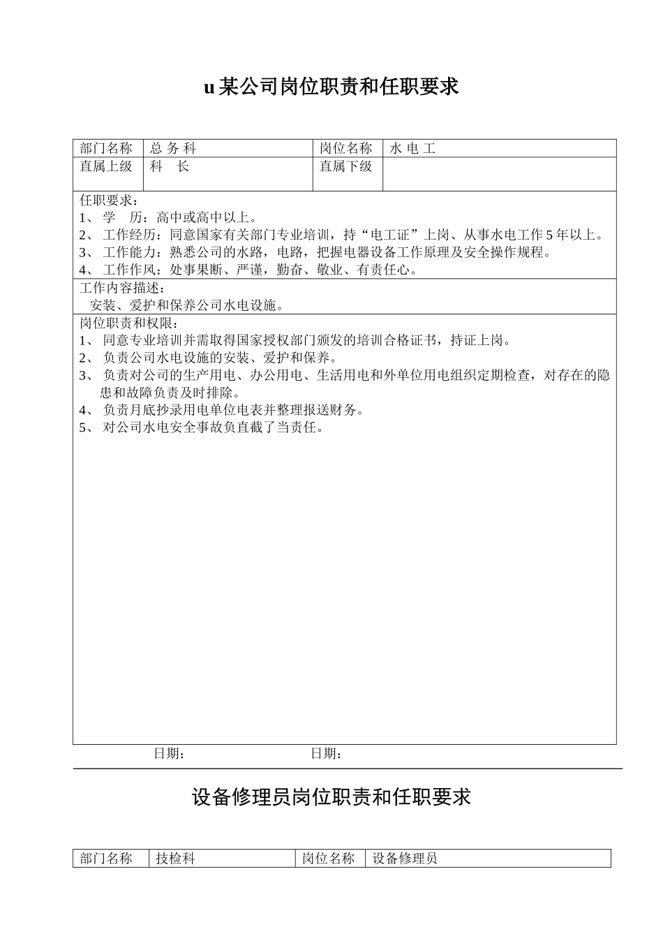 u某公司岗位职责和任职要求_第1页