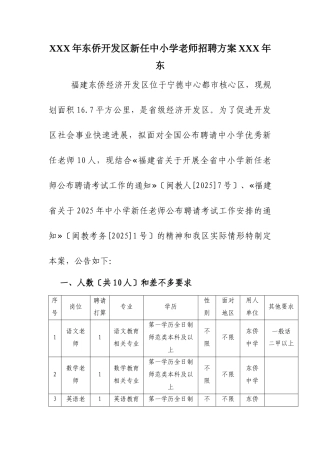 XXX年东侨开发区新任中小学教师招聘方案XXX年东