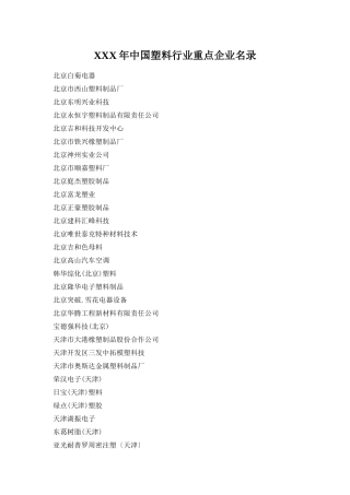 XXX年中国塑料行业重点企业名录
