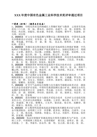 XXX年度中国有色金属工业科学技术奖评审通过项目
