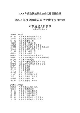 XXX年度全国建筑业企业优秀项目经理