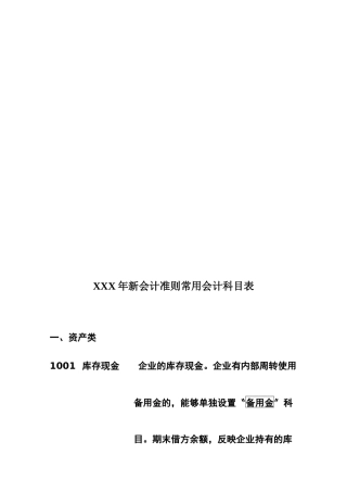 XXX年新会计准则常用会计科目表