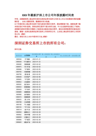 XXX年最新沪深上市公司年报披露时间表