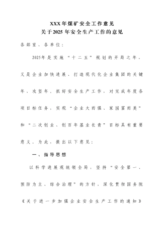 XXX年煤矿安全工作意见