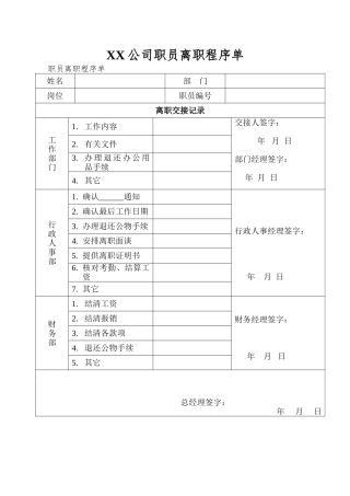 XX公司职员离职程序单