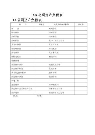 XX公司资产负债表