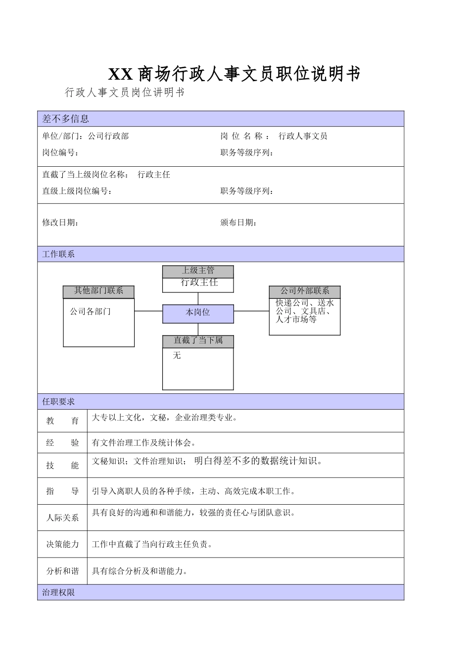 XX商场行政人事文员职位说明书_第1页