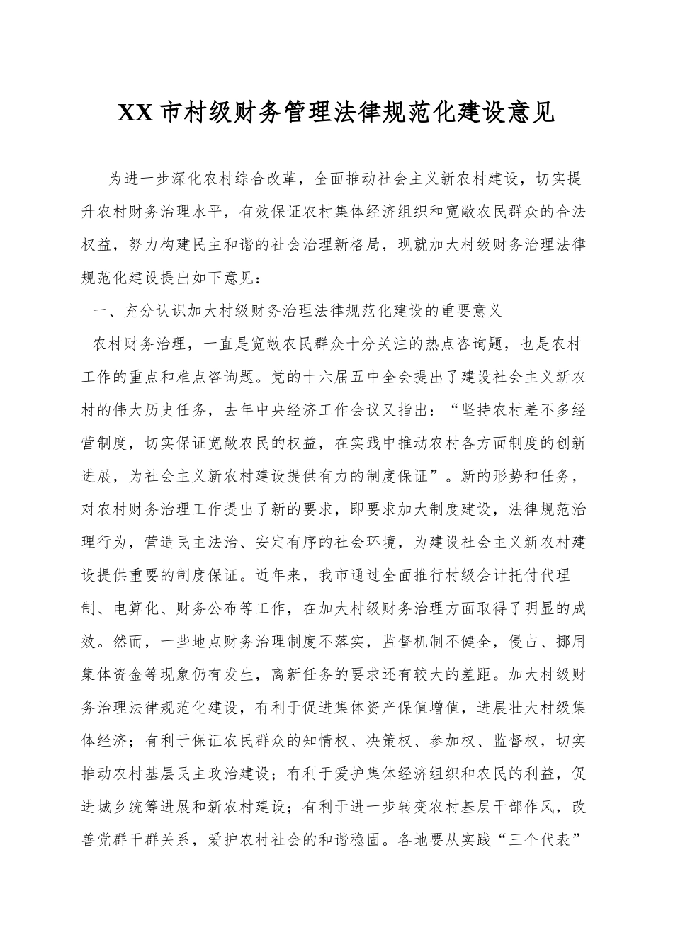 XX市村级财务管理规范化建设意见_第1页