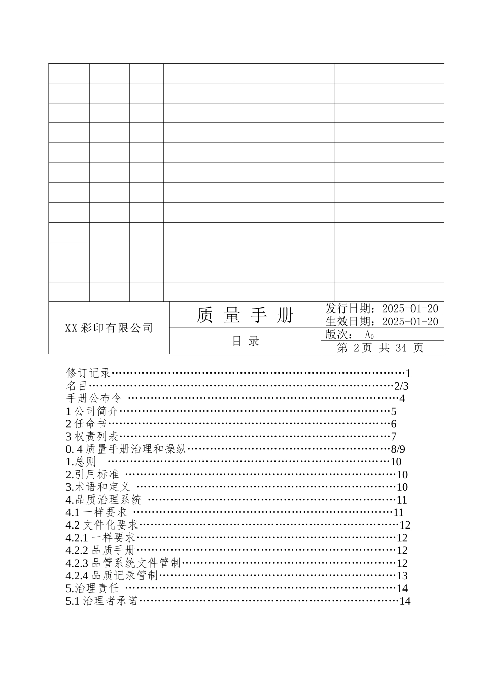 XX彩印有限公司质量手册_第2页