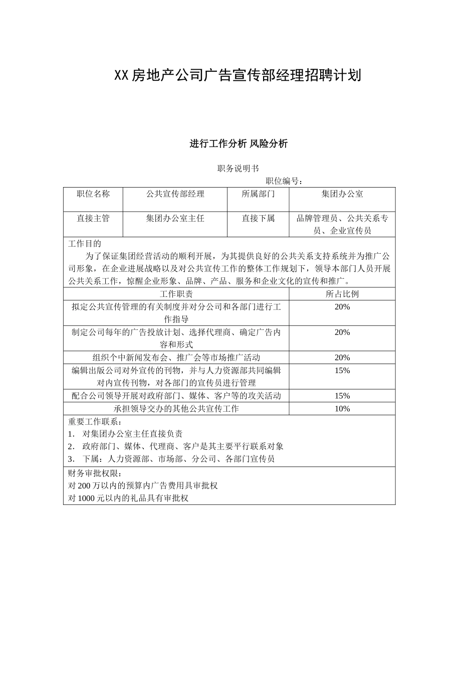 XX房地产公司广告宣传部经理招聘计划_第1页