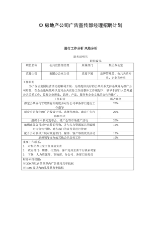 XX房地产公司广告宣传部经理招聘计划
