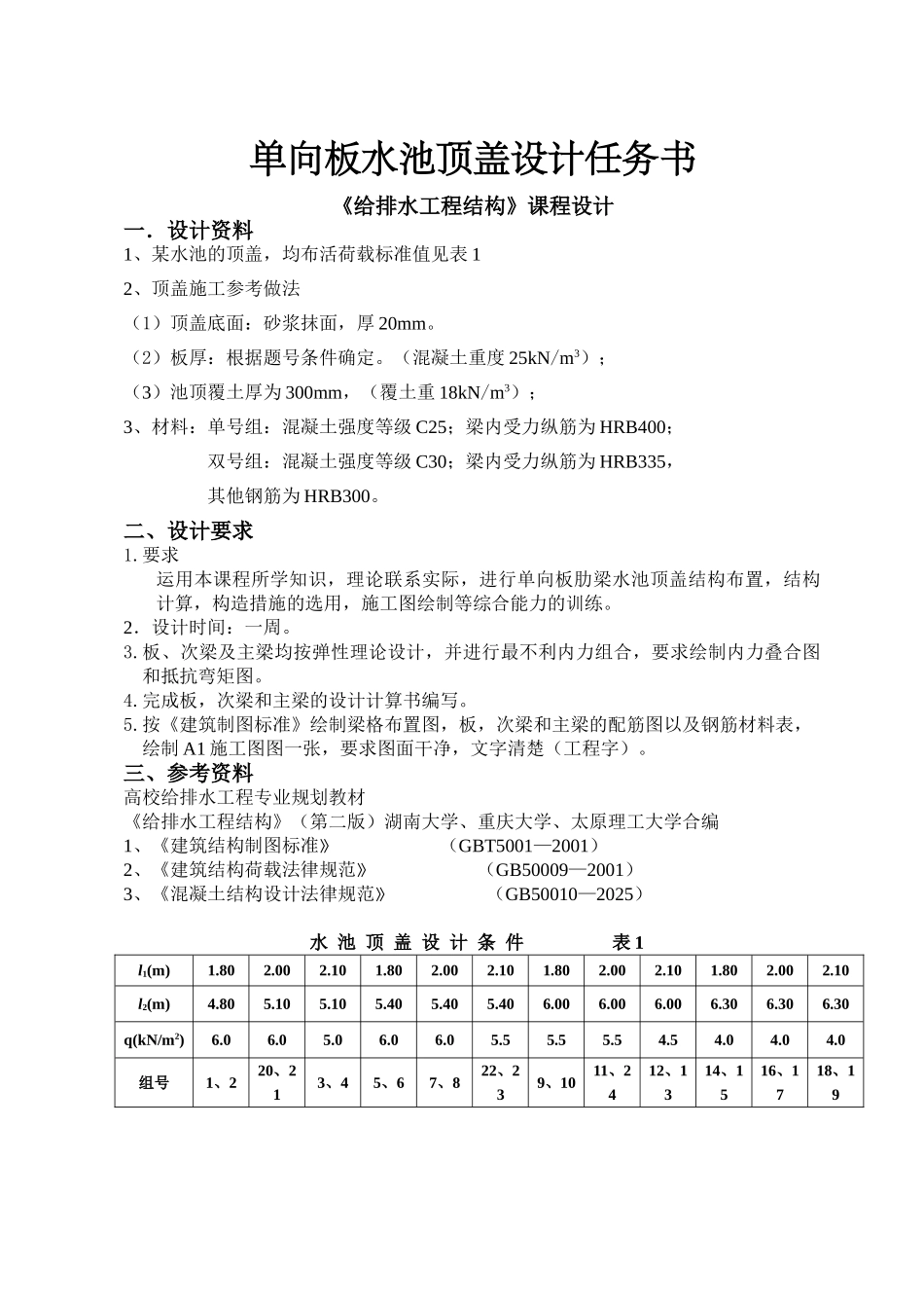 《给排水结构》单向板水池顶盖设计任务书2025_第1页