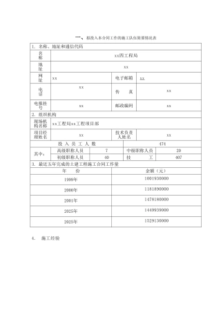 一、拟投入本合同工作的施工队伍简要情况表