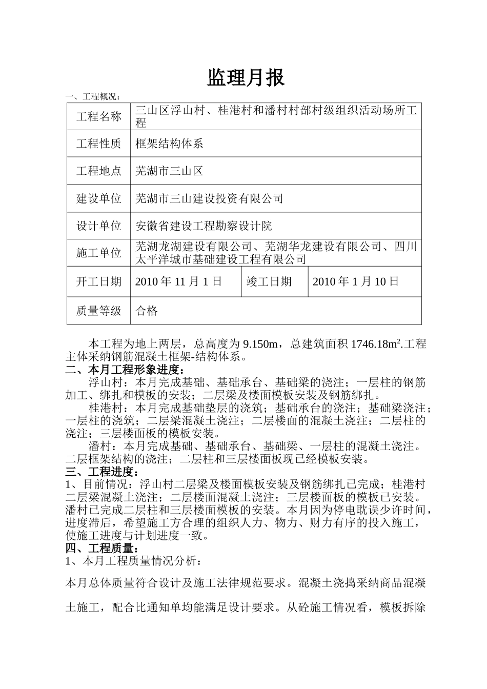 三山区浮山村、桂港村和潘村村部村级组织活动场所工程监理月报_第1页