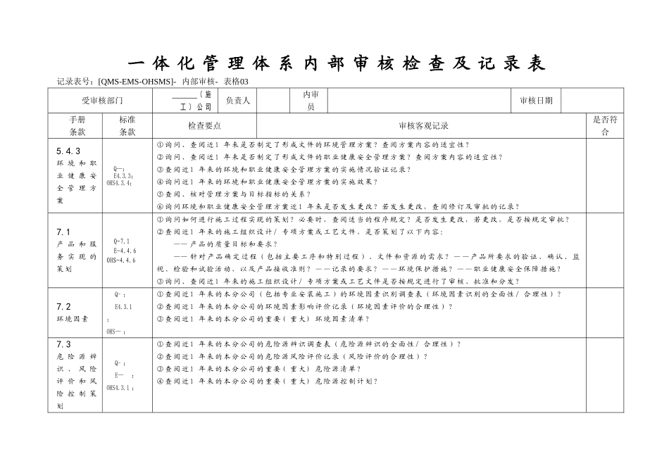 三标一体化管理体系内部审核检查及记录表_第1页