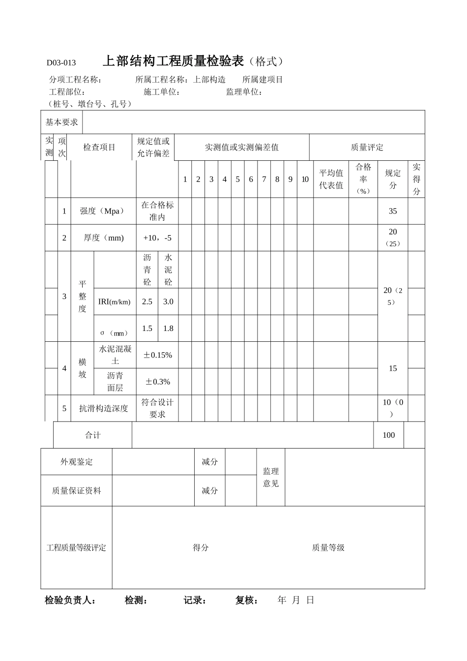上部结构工程质量检验表_第1页
