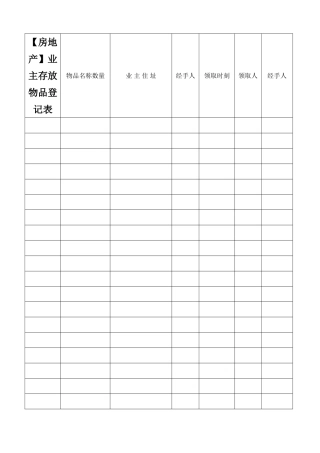 业主存放物品登记表