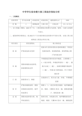 中学学生宿舍楼大修工程造价指标分析