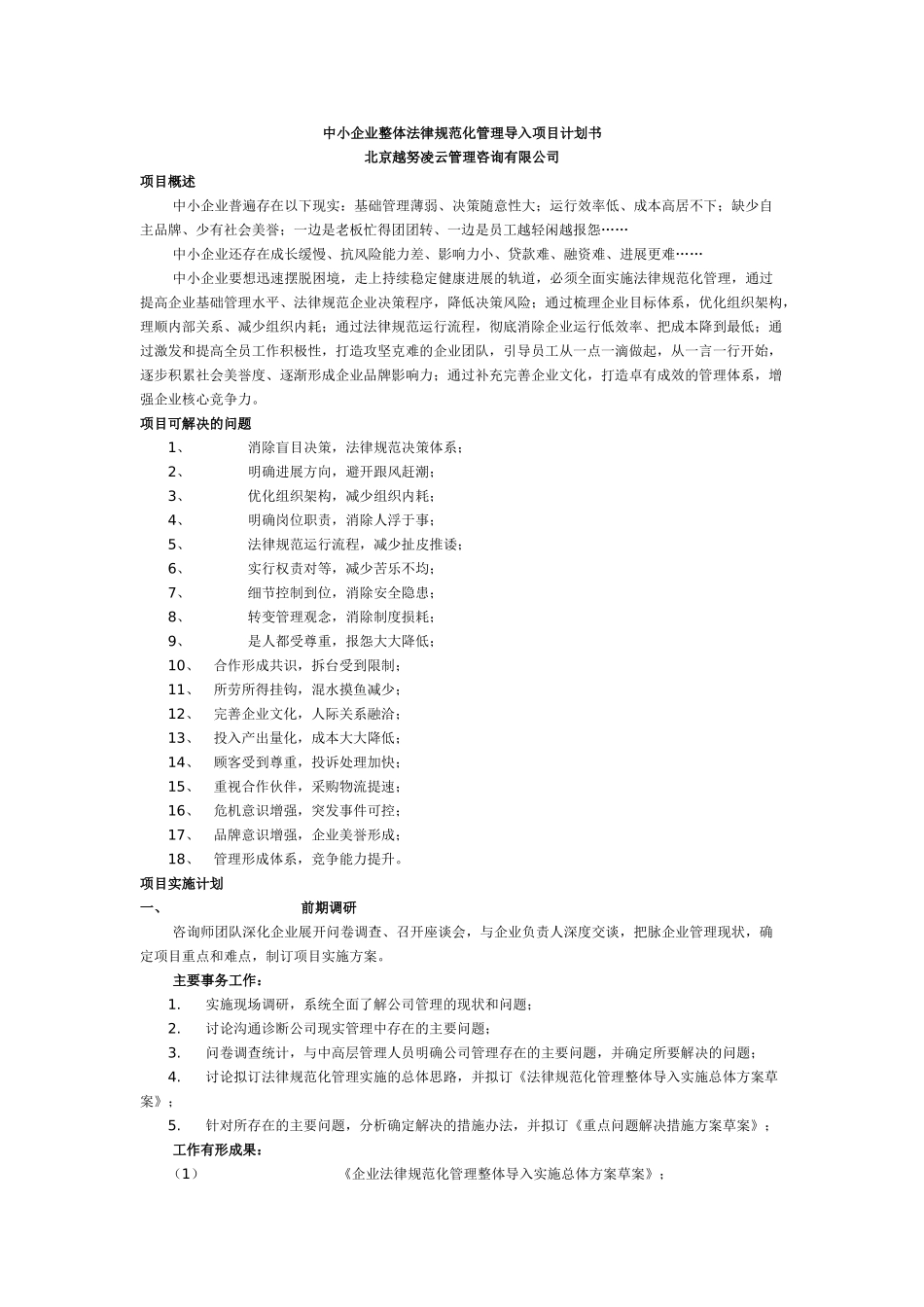 中小企业整体规范化管理导入项目计划书_第1页