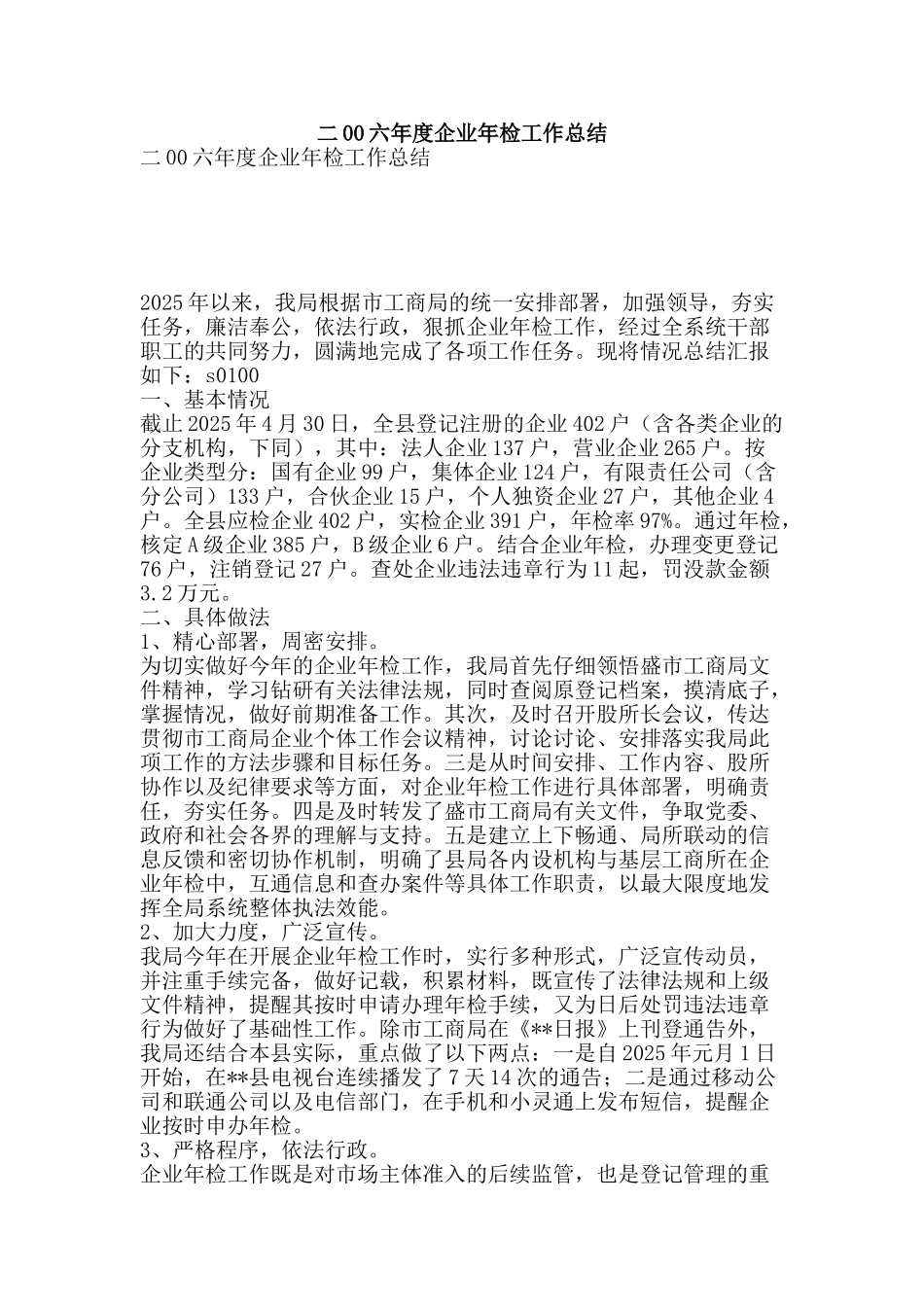 二00六年度企业年检工作总结-精品范文资料_第1页