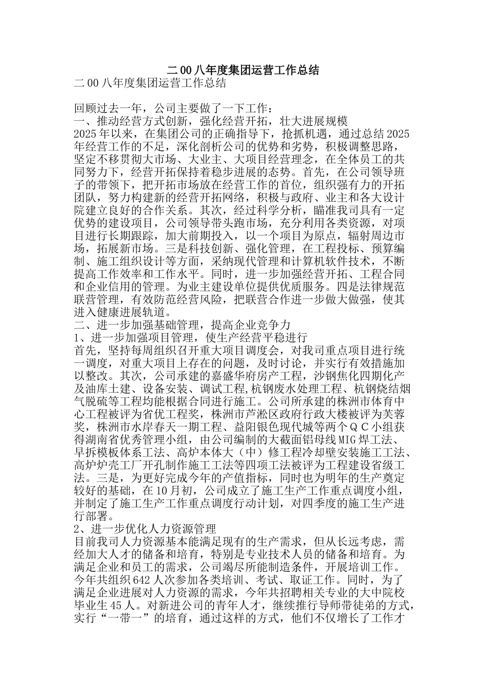 二00八年度集团运营工作总结-精品范文资料_第1页