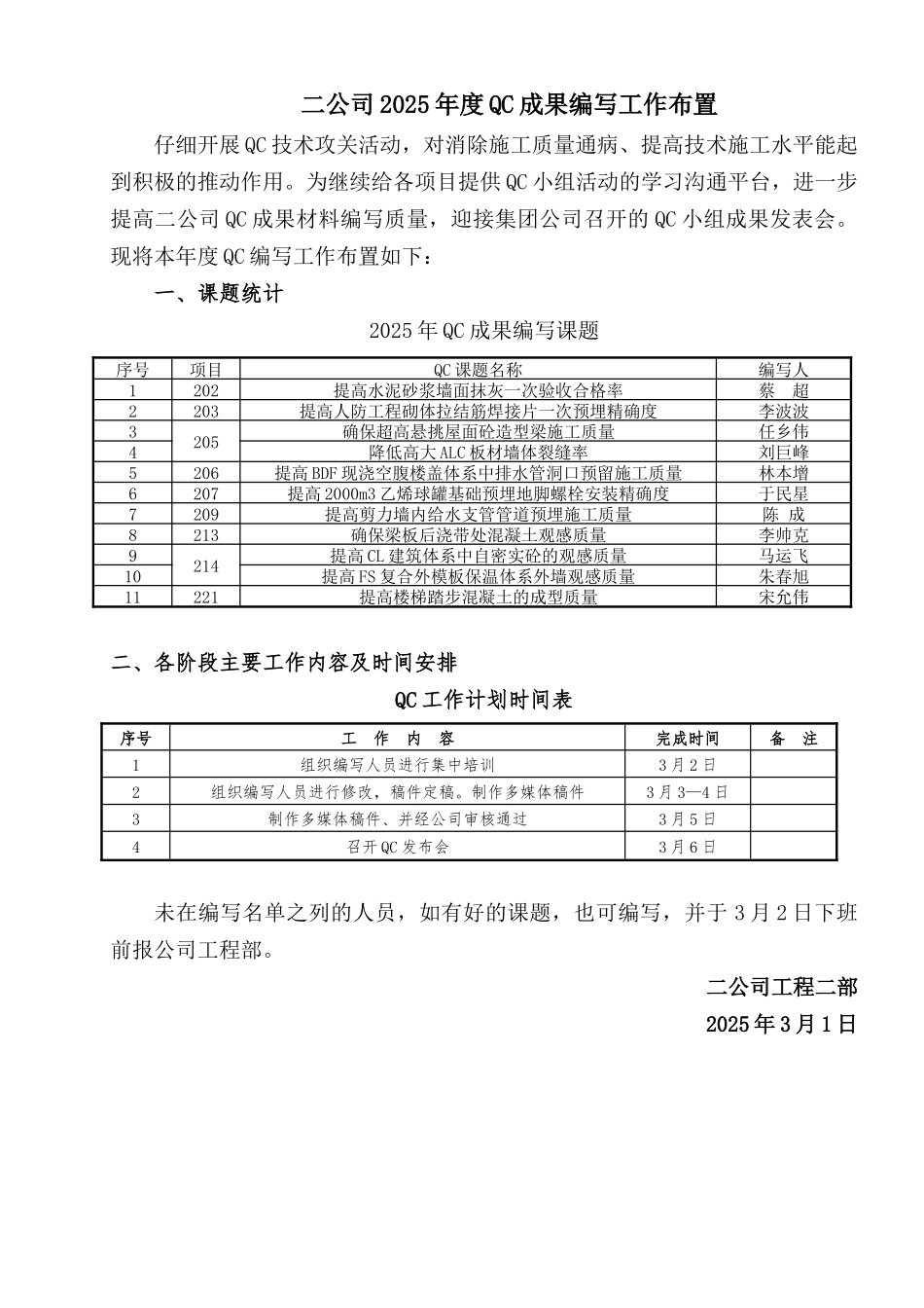 二公司2025年度QC成果编写工作布置_第1页