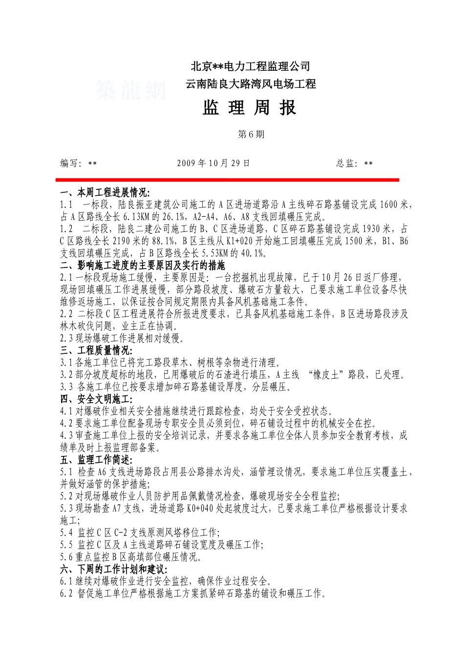 云南某风电场工程监理周报第六期_第1页