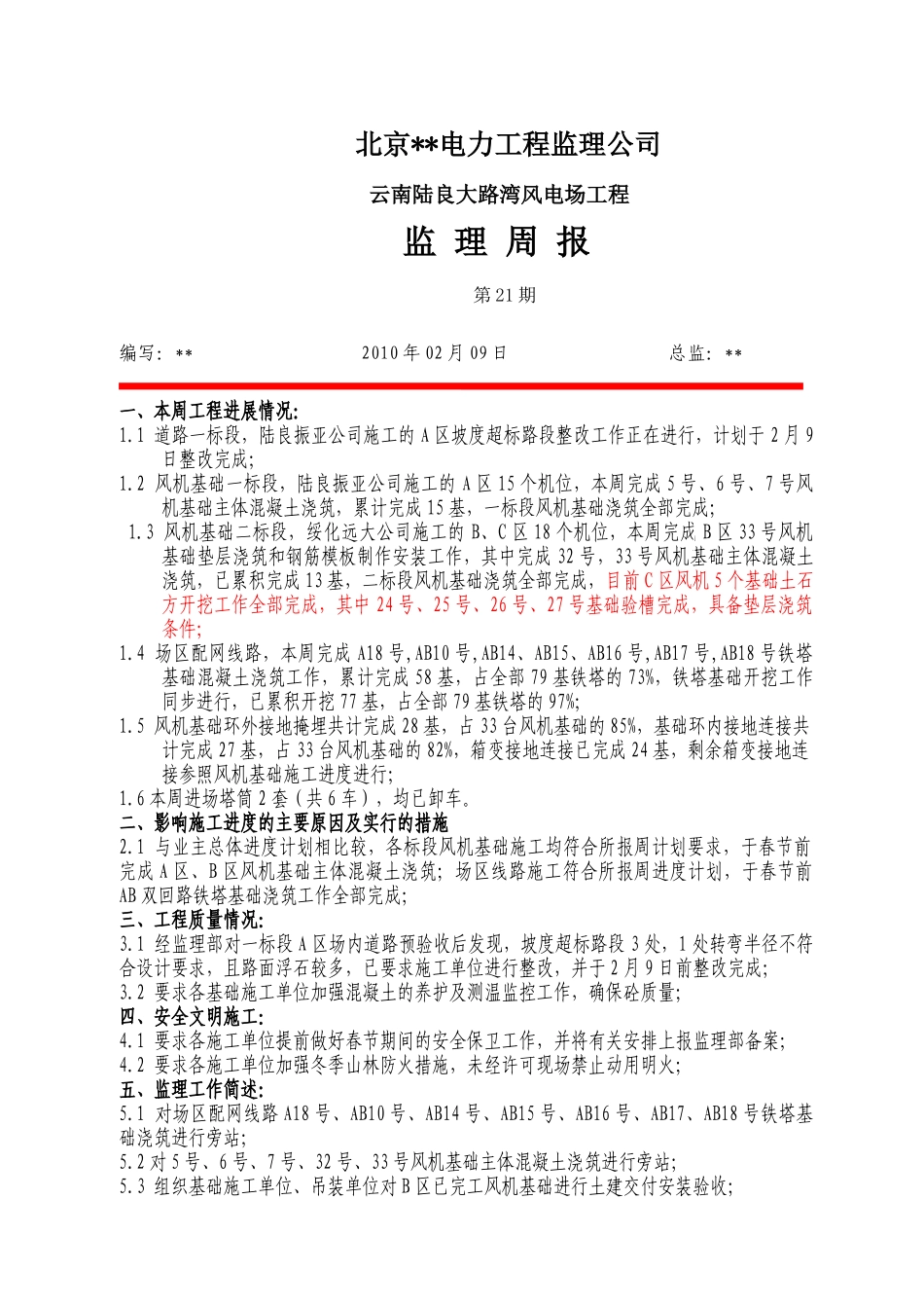 云南某风电场工程监理周报第二十一期_第1页