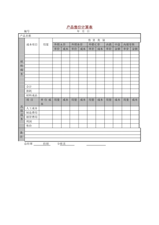 产品售价计算表