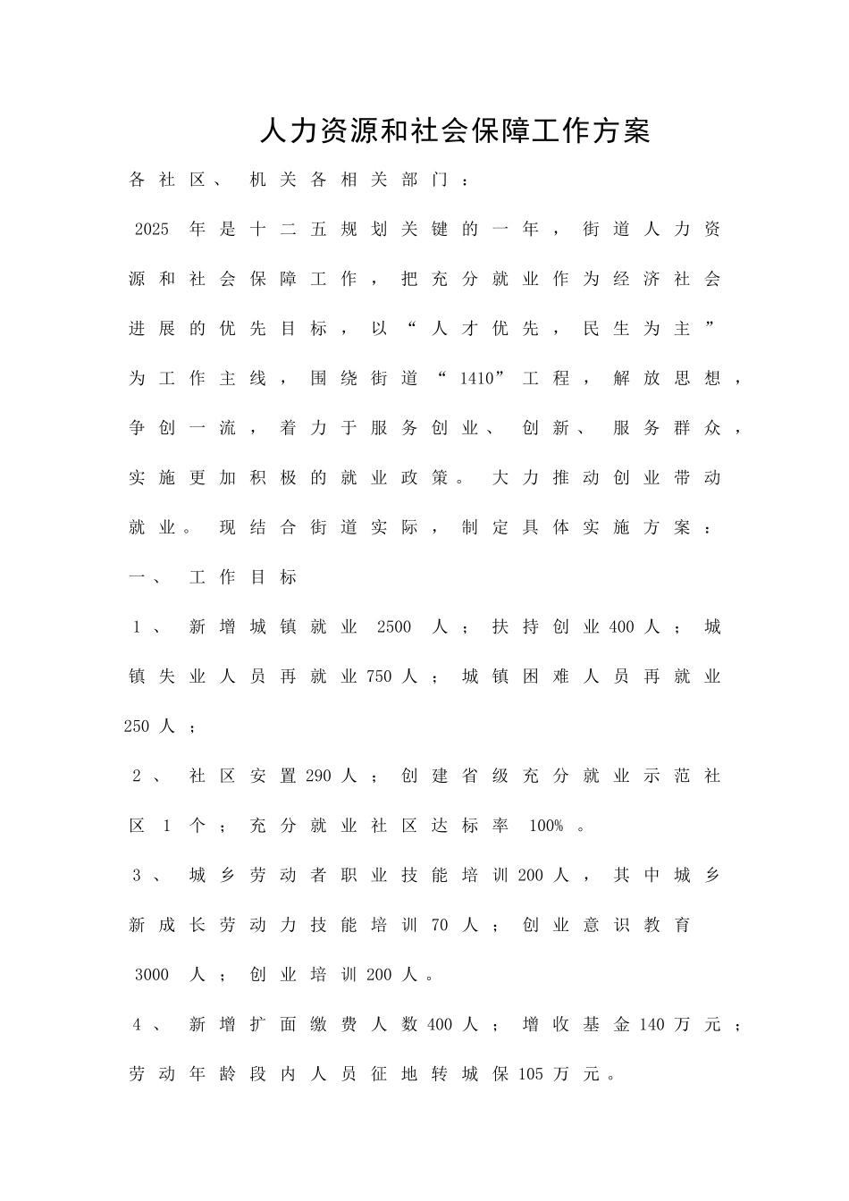 人力资源和社会保障工作方案精品策划方案_第1页