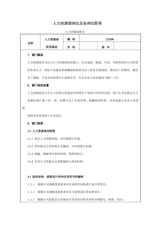 人力资源部岗位职责及考核标准