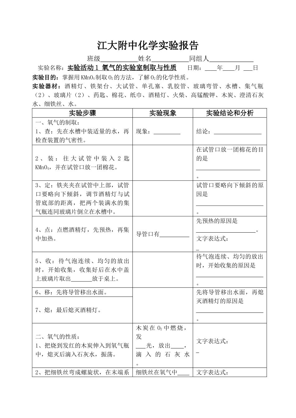 人教版初中化学学生分组实验报告_第1页