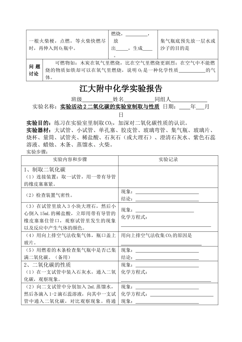 人教版初中化学学生分组实验报告_第2页