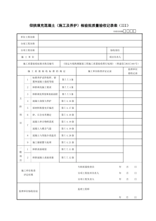 仰拱填充混凝土检验批质量验收记录表(Ⅲ)