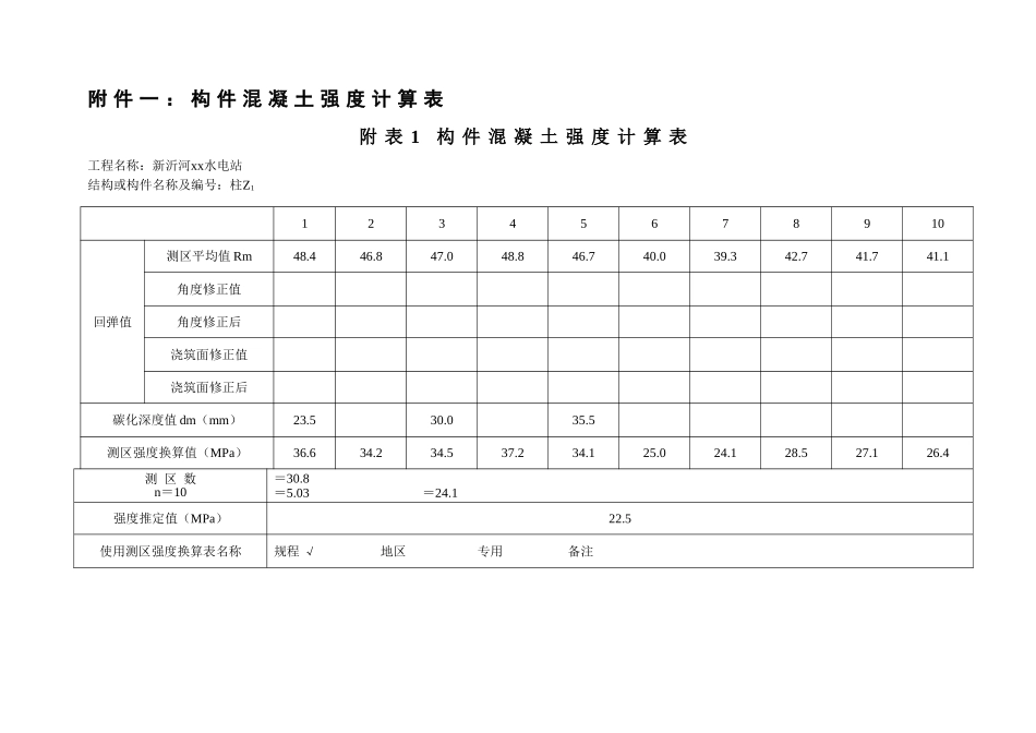 件一结构或构件试样混凝土强度估算表_第1页