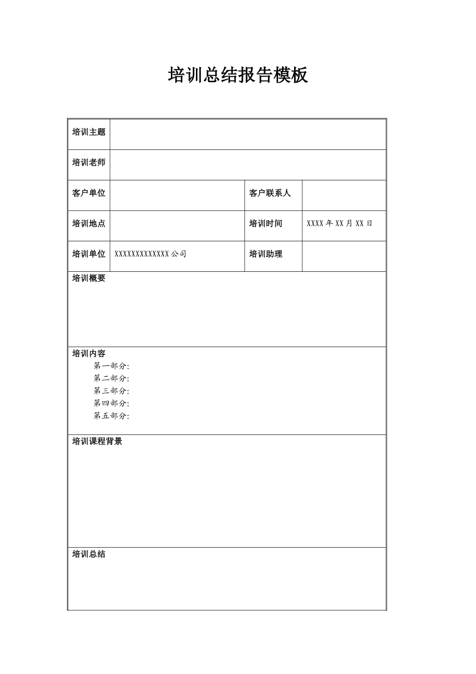 企业内部培训工作总结报告表格模板_第1页